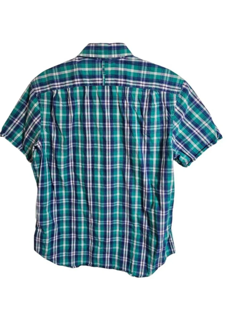 Banana Republic Men M Button Down Shirt Green Blue Plaid Cotton Soft Wash Iconic